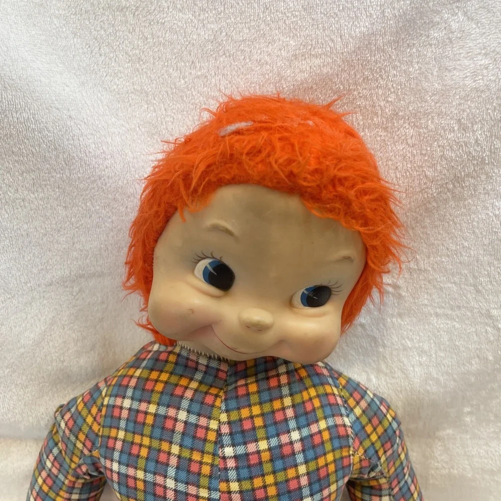 Vintage Large Plush‎ Doll Boy Red Hair Plaid Shirt Red & White Check Pants Rare